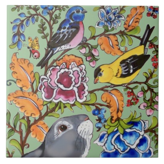 かわいいウサギ壁画フローラグリーンバックグラッドトップハーフ タイル (正面)