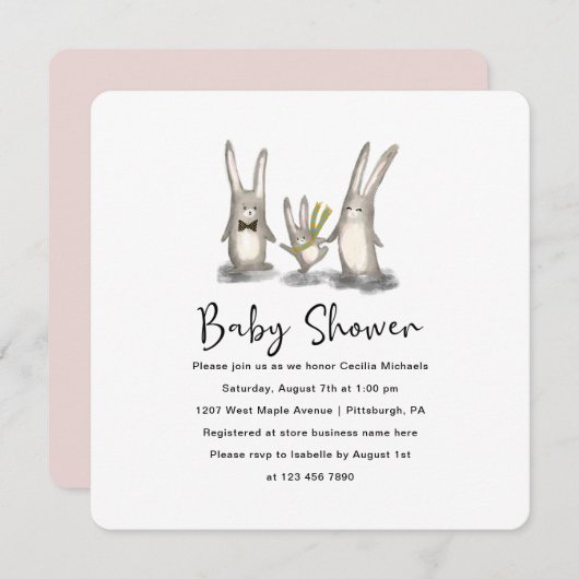 かわいいウサギ家族のベビーシャワー招待状 招待状 (正面/裏面)