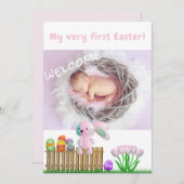 かわいいウサギ最初のイースターウェルカムフォトベビー誕生 案内状 (正面/裏面)