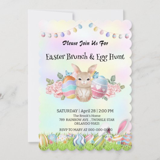 かわいいウサギ狩り卵ハッピーイースターデイパーティー 招待状 (正面)