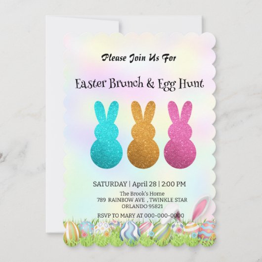 かわいいウサギ狩り卵ハッピーイースターデイパーティー 招待状 (正面)