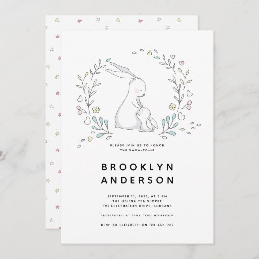 かわいいウサギ男女兼用の赤ちゃんシャワー 招待状 (正面/裏面)