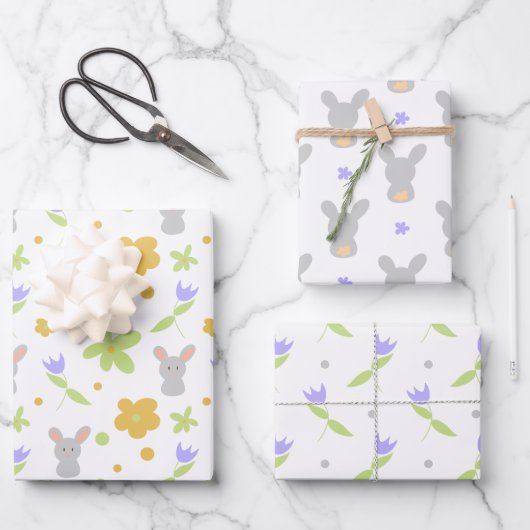 かわいいウサギ紫の花 ラッピングペーパーシート (正面)