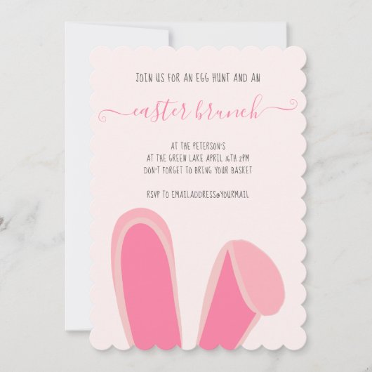 かわいいウサギ耳ピンクのイースターブランチの卵狩り 招待状 (正面)