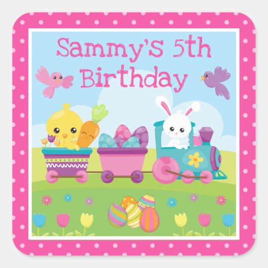 かわいいウサギ、ひよこ＆イースターエッグの電車の誕生日 スクエアシール (正面)