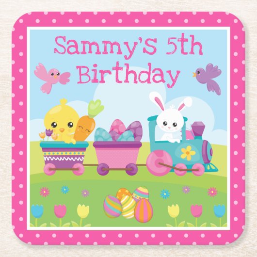 かわいいウサギ、ひよこ&イースターエッグの電車 誕生日 スクエアペーパーコースター (正面)