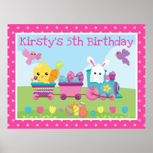 かわいいウサギ、ひよこ&チョコレートの卵の汽車の誕生日 ポスター (正面)
