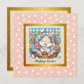 かわいいウサギ、イースターエッグ、お花のイースター 招待状 (正面/裏面)