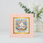 かわいいウサギ、イースターエッグ、お花のイースター 招待状 (スタンド正面)