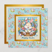 かわいいウサギ、イースターエッグ、お花のイースター 招待状 (正面/裏面)