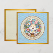 かわいいウサギ、イースターエッグ、お花のハッピーイースター 招待状 (正面/裏面)