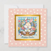 かわいいウサギ、イースターエッグ、お花の幸せなイースター 招待状 (正面)