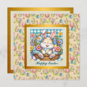 かわいいウサギ、イースターエッグ、お花の幸せなイースター 招待状 (正面/裏面)