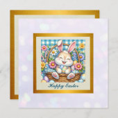 かわいいウサギ、イースターエッグ、お花の幸せなイースター 招待状 (正面/裏面)