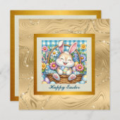 かわいいウサギ、イースターエッグ、お花の幸せなイースター 招待状 (正面/裏面)