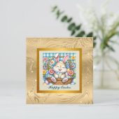 かわいいウサギ、イースターエッグ、お花の幸せなイースター 招待状 (スタンド正面)