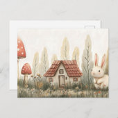 かわいいウサギ、コテージ、キノコ童話アート ポストカード (正面/裏面)
