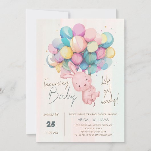 かわいいウサギ&バルーンベビーシャワー招待状 シーズンカード (正面)