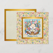 かわいいウサギ、卵、お花のイースターをお祝いしよう 招待状 (正面/裏面)