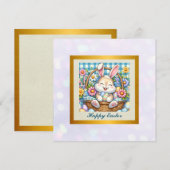 かわいいウサギ、卵、お花のイースターをお祝いしよう 招待状 (正面/裏面)