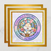 かわいいウサギ、卵、お花のイースター 招待状 (正面/裏面)