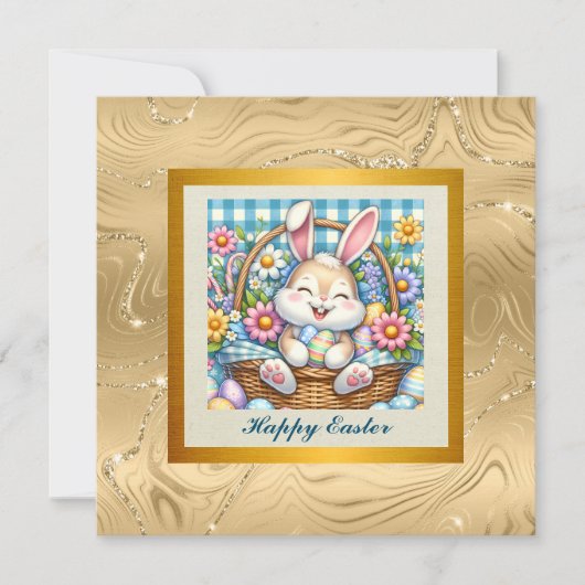 かわいいウサギ、卵、お花のイースター 招待状 (正面)