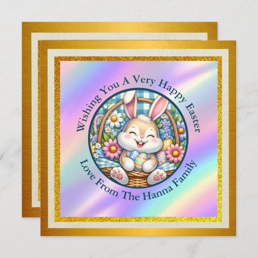 かわいいウサギ、卵、花で楽しいイースター 招待状 (正面/裏面)