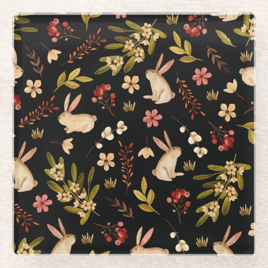 かわいいウサギ:水彩手描き模様 ガラスコースター (正面)