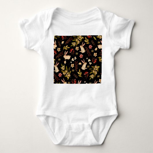 かわいいウサギ:水彩手描き模様 ベビーボディスーツ (正面)