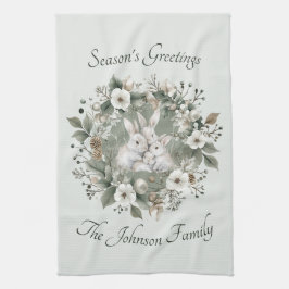 かわいいウサギinフローラ冬リース キッチンタオル