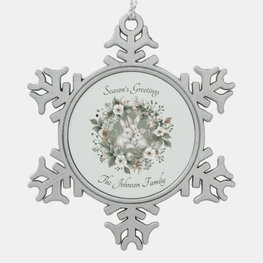 かわいいウサギinフローラ冬リース スノーフレークピューターオーナメント (正面)