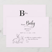 かわいいウッドランドうさぎピンク赤ちゃんシャワー 招待状 (正面/裏面)