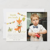 かわいいウッドランドおもしろいパーティーキツネ子供の誕生日写真 サンキューカード (正面)