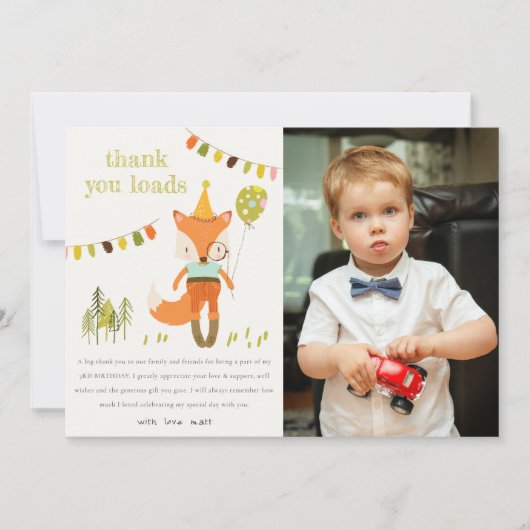 かわいいウッドランドおもしろいパーティーキツネ子供の誕生日写真 サンキューカード (正面)