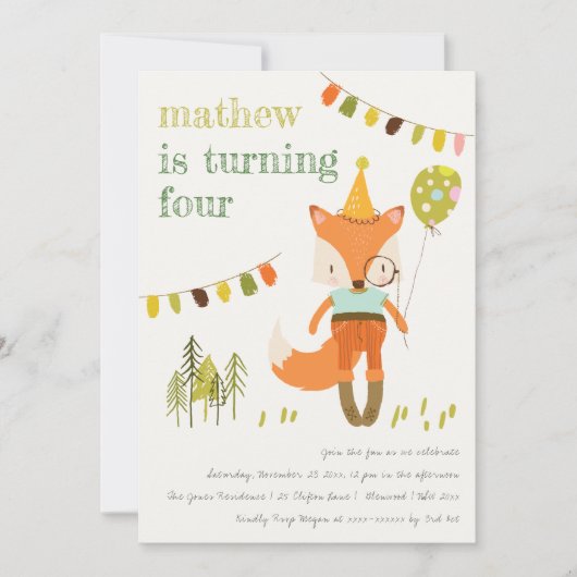 かわいいウッドランドおもしろいパーティーキツネ子供の誕生日写真 招待状 (正面)