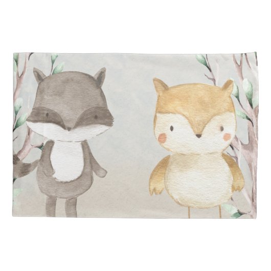 かわいいウッドランドの動物たちアライグマとフクロウ 枕カバー (裏面)