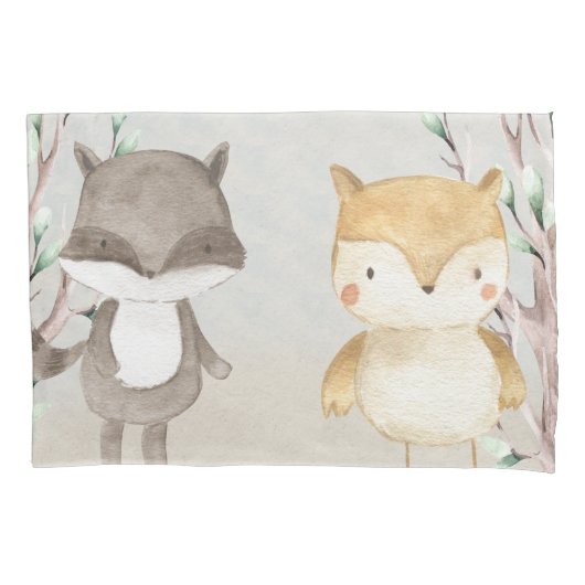 かわいいウッドランドの動物たちアライグマとフクロウ 枕カバー (正面)