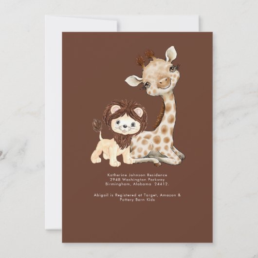 かわいいウッドランドの動物の茶色と白の赤ちゃんシャワー 招待状 (裏面)