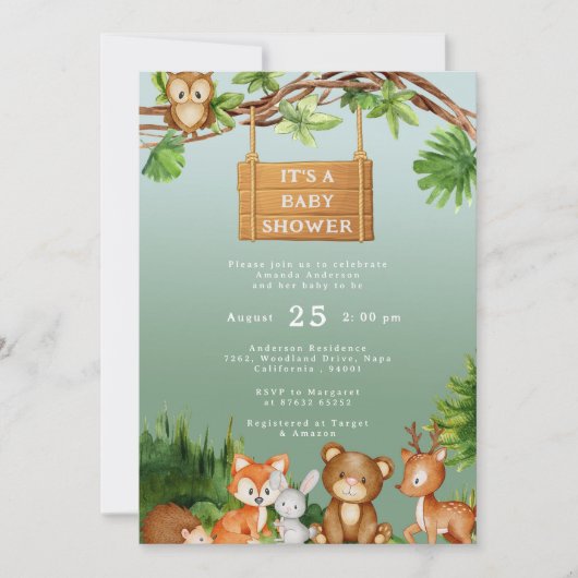 かわいいウッドランドの動物パーソナライズされたの赤ちゃんシャワー 招待状 (正面)