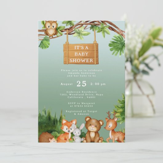 かわいいウッドランドの動物パーソナライズされたの赤ちゃんシャワー 招待状 (スタンド正面)