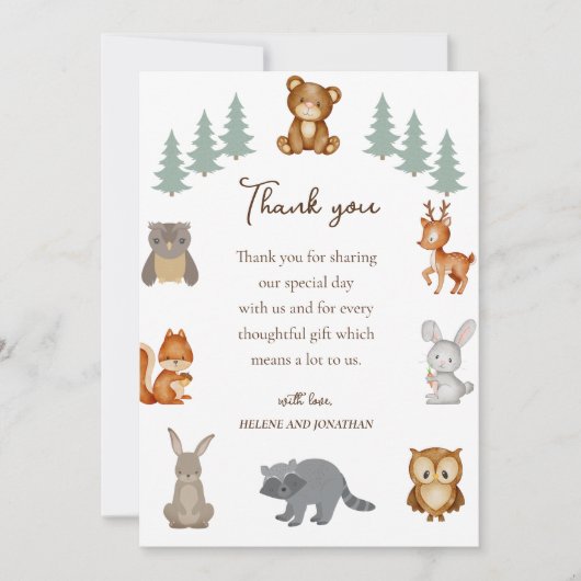 かわいいウッドランドの動物男女兼用の赤ちゃんシャワー サンキューカード (正面)
