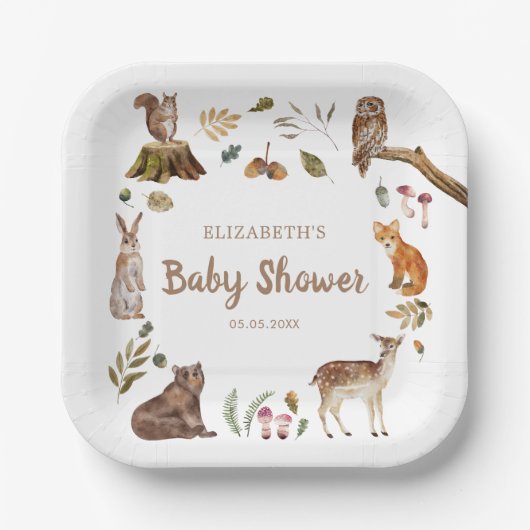 かわいいウッドランドの動物男女兼用の赤ちゃんシャワー ペーパープレート (正面)