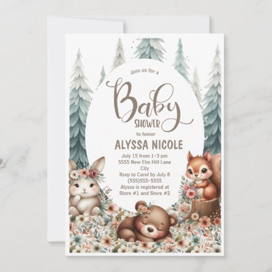 かわいいウッドランドの動物男女兼用の赤ちゃんシャワー 招待状 (正面)