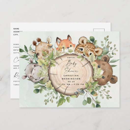 かわいいウッドランドの赤ん坊の動物の赤ん坊のシャワーでメール インビテーションポストカード (正面/裏面)