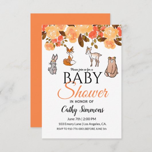 かわいいウッドランドの赤ん坊の動物 |赤ちゃんシャワー 招待状 (正面/裏面)