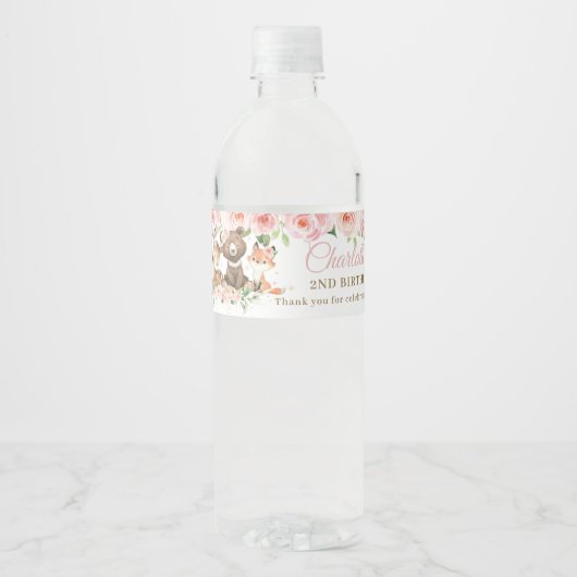 かわいいウッドランドアニマルズピンクフローラガール誕生日 ペットボトルラベル (正面)