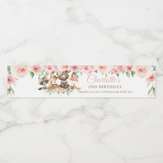 かわいいウッドランドアニマルズピンクフローラガール誕生日 ペットボトルラベル (シングルラベル)