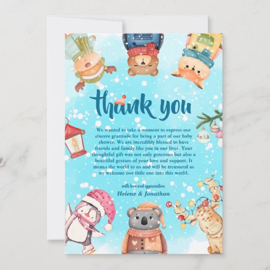 かわいいウッドランドエレガント動物冬の赤ちゃんシャワー サンキューカード (正面)