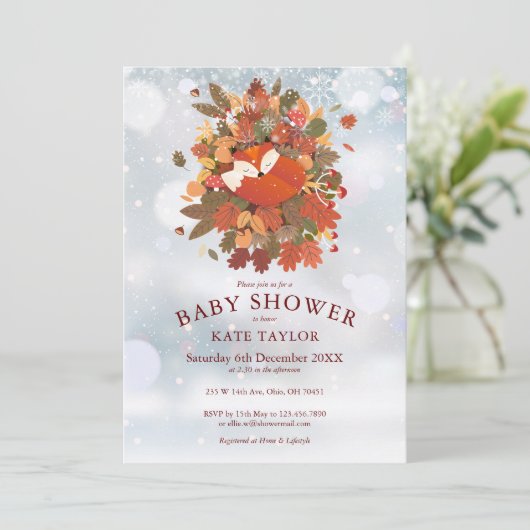 かわいいウッドランドキツネキューブウィンターベイビーシャワー 招待状 (スタンド正面)