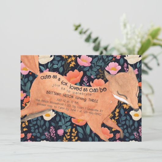 かわいいウッドランドキツネ水彩フローラ3rd誕生日 招待状 (スタンド正面)